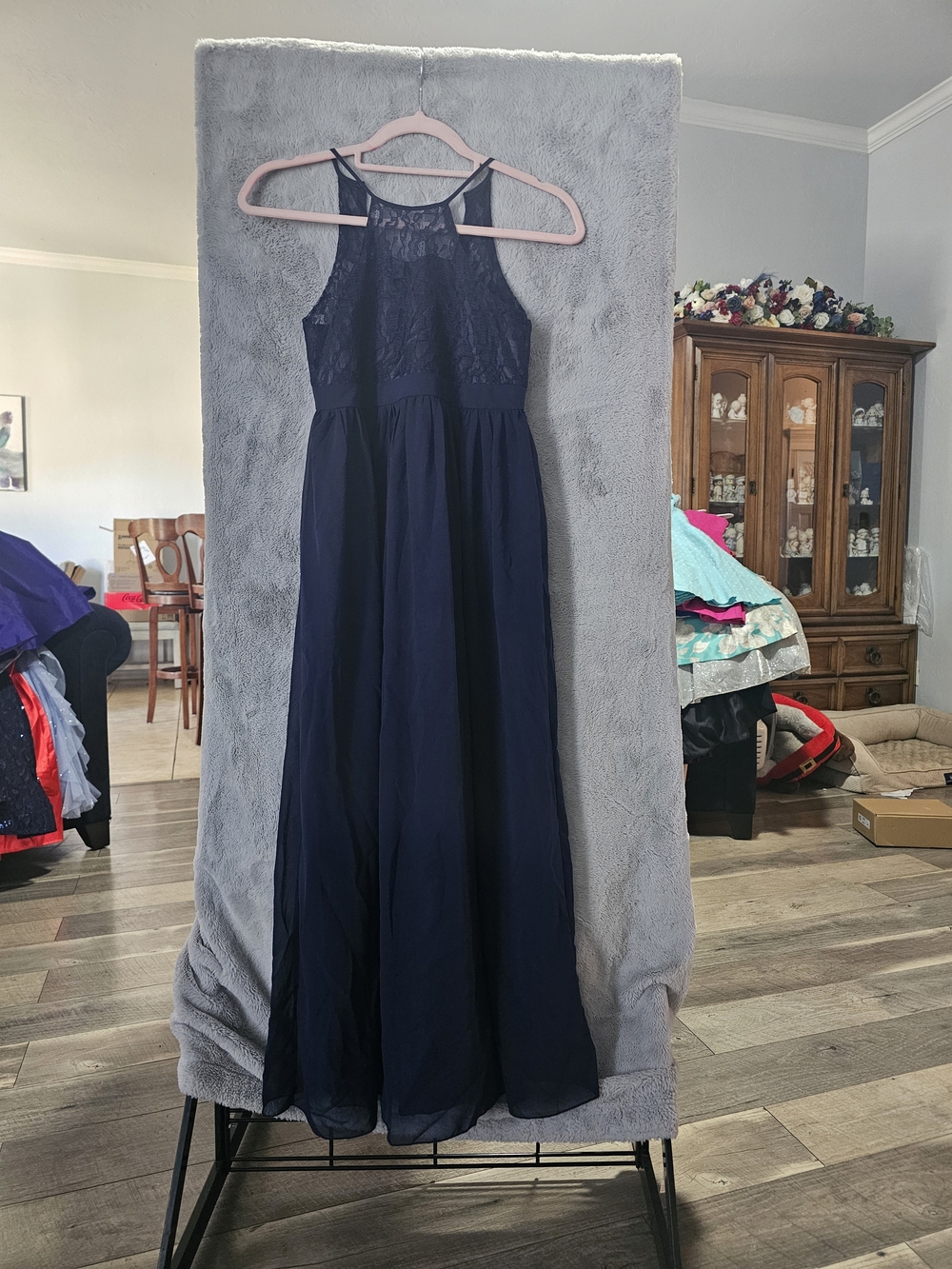 Navy Lace Bodice Halter Maxi Dress